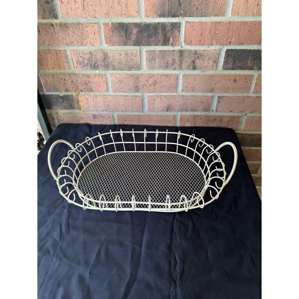Mid-Century 1960s Style White Wire Basket French Country Scrolled Loop Edged Egg